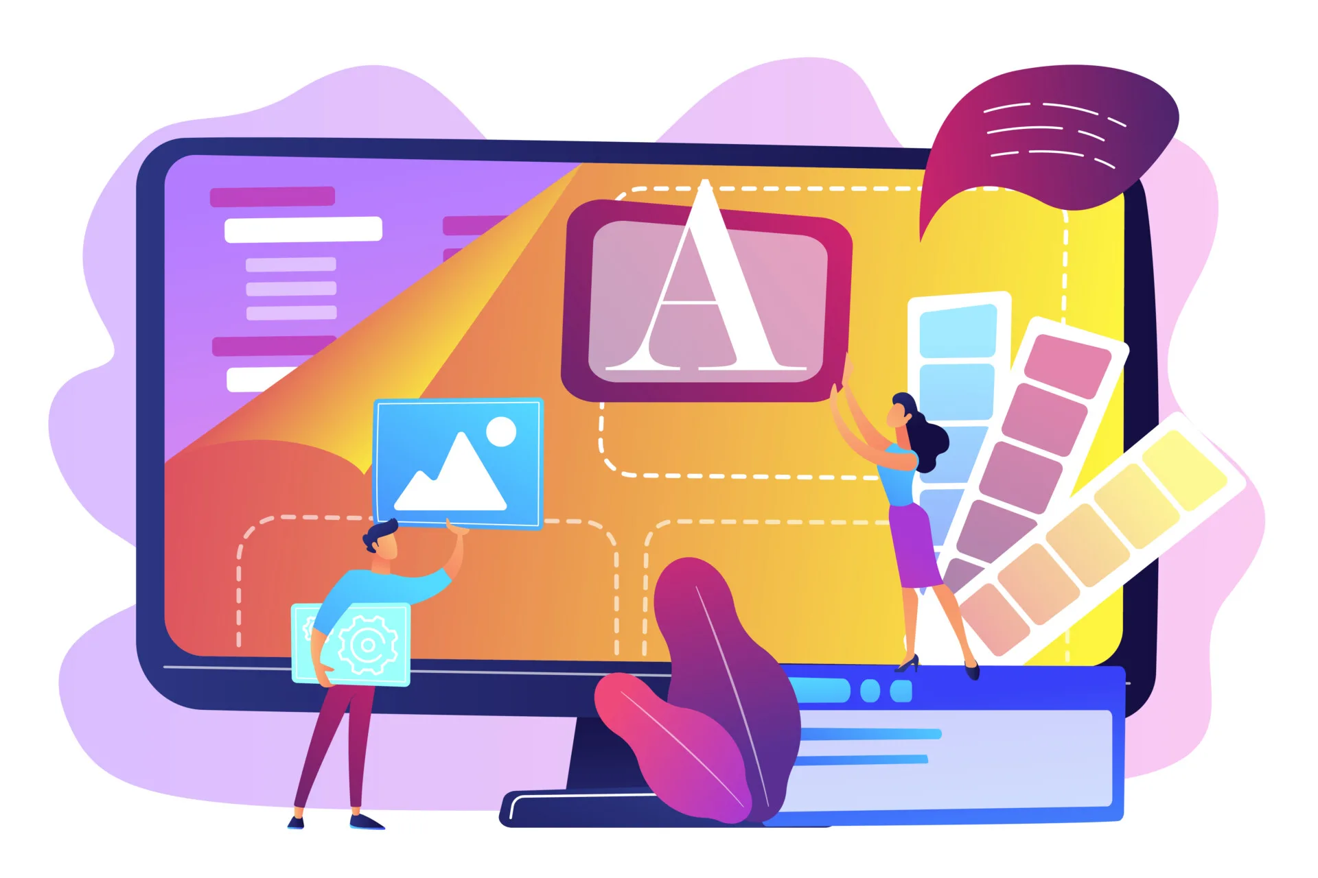 Ilustracija profesionalnog grafičkog i web dizajna, koja prikazuje unapređenje online prisutnosti i izgradnju brenda.